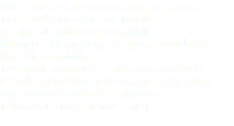 1 de salmón gravlax, crema ácida y mostaza 1 de Tortilla, pimientos de piquillo 1 Fajitas de pollo con guacamole 1 Jamón Serrano crema de queso manchego, dulce de membrillo 1 de Atún, ají amarillo, sardina en escabeche 1 Dátiles envueltos en tocino, queso de cabra 1 de camarón, crema de camarón 1 Pino de tocino, sardinas on top 